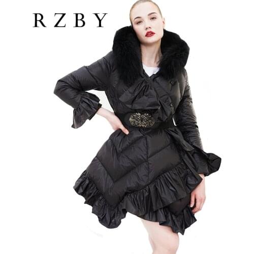 Down Women Luxury Jackets Falbala Design Female Winter Coats Adjustable Raccoon Hair Collar Vintage Hooded Slim Outwear RZBY006