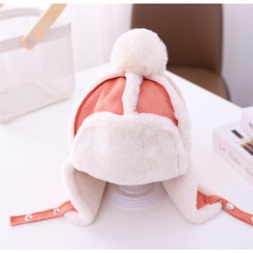 Child Ear Protection Hat Kid 2021 Winter Warm Plush Bomber Hat Boy Girl Splicing Windbreak Earmuffs Pom Pom Cap 1-5T Accessories