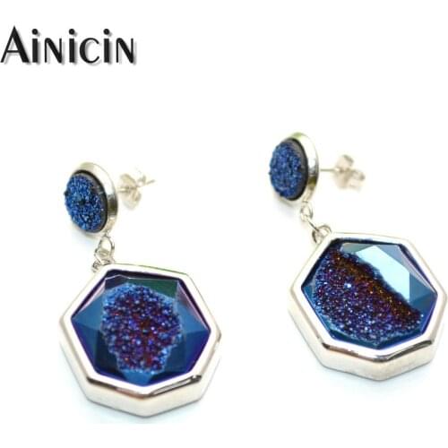 Hexagon Shape Blue Drusy Crystal Dangle Earrings Shine Druzy Geode Jewelry For Women Party Jewelry