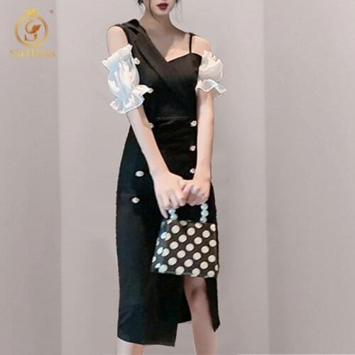 SMTHMA 2021 New Fashion Womens Summer Dress Sexy One-Shoulder Spaghetti Strap Design Slim Split Dress Vestidos