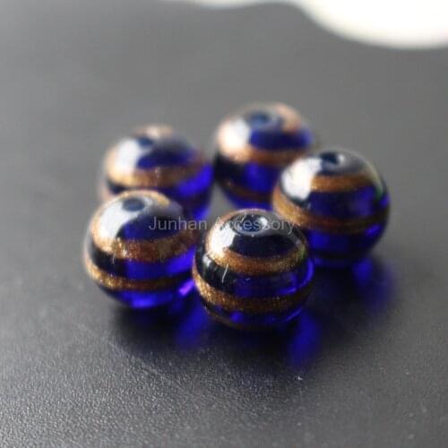 10Pcs 10mm 12mm Handmade Glass lampwork beads Blue with gold strips Fine for jewelry making Wholesale and Retail
