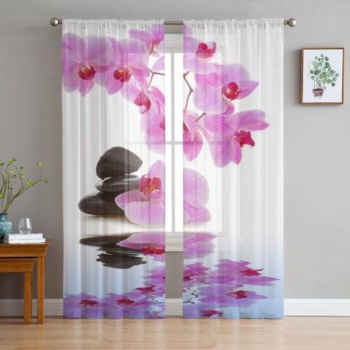 Flower Pink Orchid Reflection Sheer Curtains for Girl Kids Bedroom Kitchen Window Drapes Curtain Home Decoration