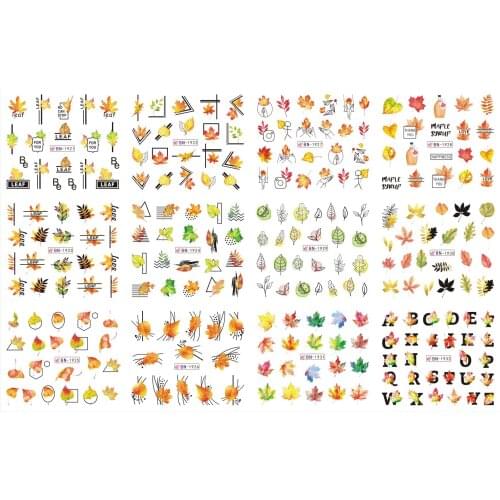 UPRETTEGO 12 PACKS / LOT NAIL ART BEAUTY WATER DECAL SLIDER NAIL STICKER GEOMETRIC AUTUMN FALL LEAF PUMPKIN BN1921-1932