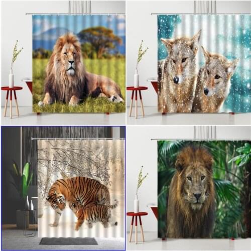 Wild Animal Shower Curtain Africa Lion Tiger Snow Wolf Tropical Forest Wildlife Pattern Polyester Bathroom Decor Washable Fabric