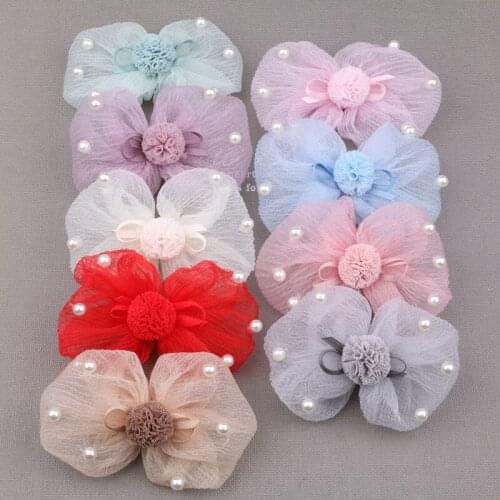 Handmade Chiffon Fabric Ribbon Pearl Bead Bow Patch Stiker 2pcs Hair jewelry DIY Tiaras Buttons Ornament Garment Decor 9.5*5.5cm