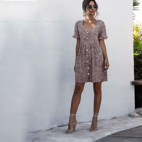 New Summer Fashion Night Dress For Women Short Sleeves Polka Dot Printed Shirt Sundress Buttons Female Vintage Casual Loose Soft