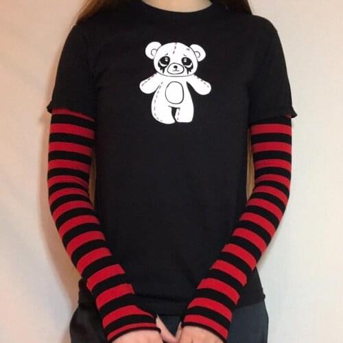 Women Casual Patchwork T-shirt Cartoon Stripe Print Long Sleeve Round Neck Pullover Tops Streetwear Spring Autumn Female Clothes