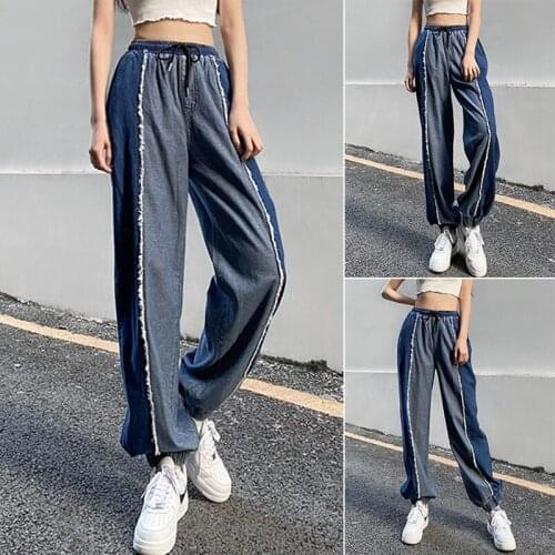 Womens Fashion Stitching Color High Waist Tie Wide Loose Feet Jeans Blue