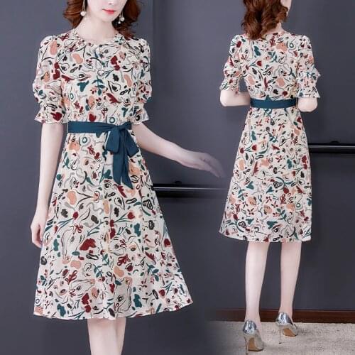2021 Summer Casual Print Plus Size Chiffon Midi Dress Women Fashion Vintage Mulberry Silk Dress Elegant Bodycon Party Vestidos