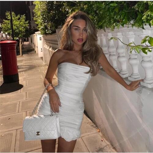 White Solid Strappless Sleeveless Pleated Mini Sexy Bodycon Celebrity Women Dress Evening Party Dress