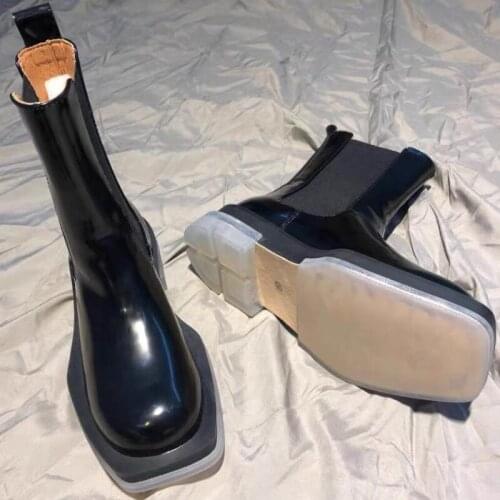 Black Chelsea Boots Women Thick Bottom Platform Boots Leather Botines Mujer Square Toe Combat Boots For Women Botas De Mujer