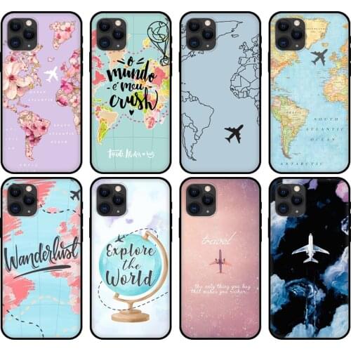 Black tpu case for iphone 5 5s se 2020 6 6s 7 8 plus x 10 XR XS 11 12 mini pro MAX back cover Airplane Map Travel