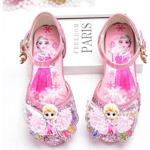 Disney Frozen Princess Kids Leather Sandals for Girls Party Shoes Glitter Children High Heel Girls Elsa Sandals Butterfly Knot