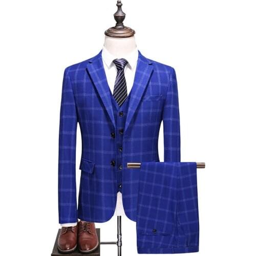 Mens Royal Blue Plaid Suit 2021 Slim Fit Wedding Suits for Men High Quality Business Formal Suits 3 Piece S-XXXXXL