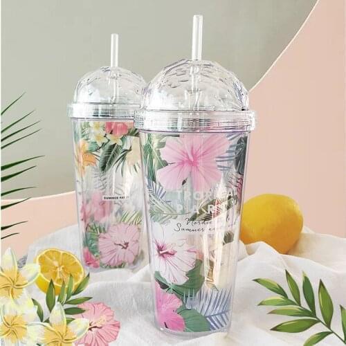 Diamond Flower Double Layer Cups 420ML Creative Personality Water Bottle Summer Portable Plastic Straw Lip Kettle Drinking Cup