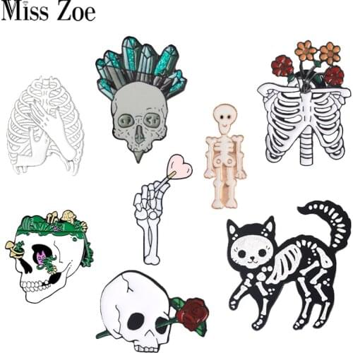 Rebirth Enamel Pin Custom Skeleton Rib cage Flowers Brooches Bag Clothes Lapel Pin Gothic Badge Punk Jewelry Gift for Friends