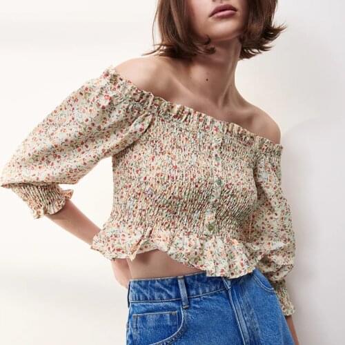 Hot sale womens summer stretch flower print blouse single-breasted strapless sexy blouse short top
