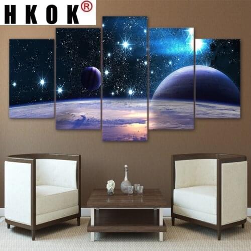 HKOK Abstract 5 Panels Canvas Paintings Posters Prints Universe Galaxy Reflection Space Wall Art Pictures Home Decor Living Room