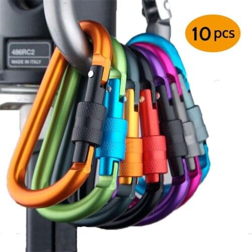 10Pcs/Set 8cm D Ring Locking Carabiner Aluminum Backpack Buckle Keychai Hiking Clips Outdoor Camping Carabiners Color Random
