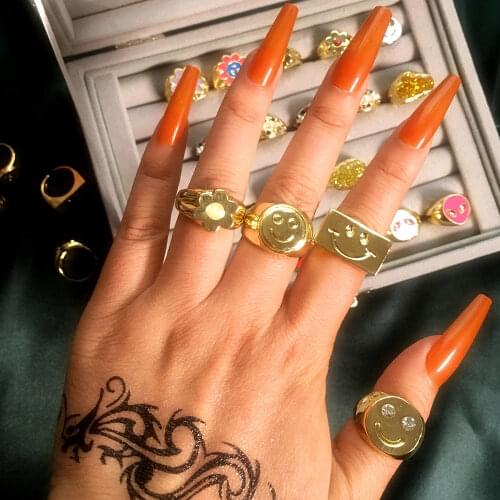 Korean Happy Smile Face Adjustable Rings for Women Thick Metal Fashion Gold Silver Color Bagua Yin Yang Flower Ring Punk Jewelry