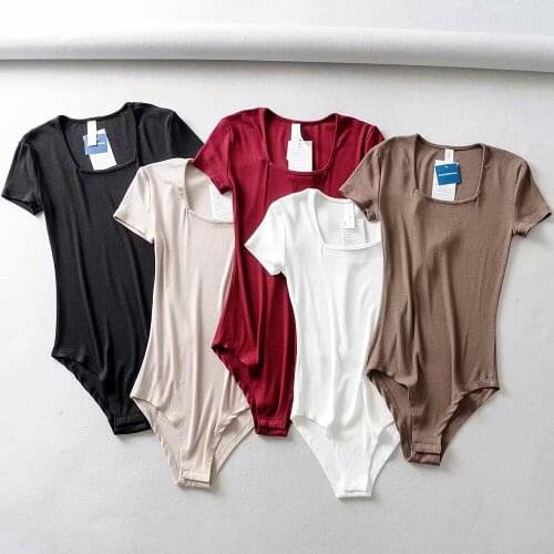 Summer Romper Women Square Collar Short Sleeve Black White Red Khaki Bodysuit Tops Mujer