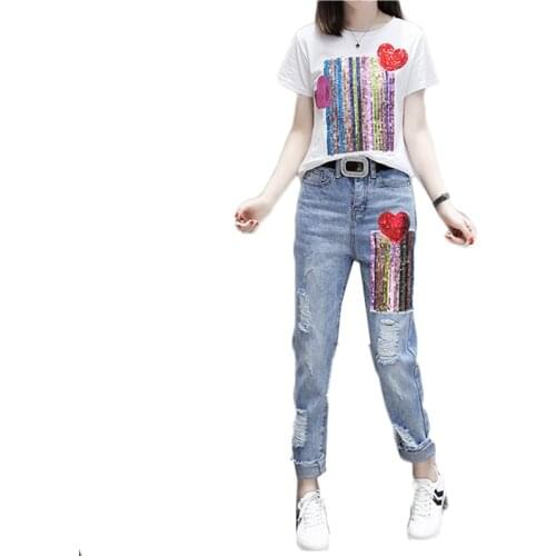 Summer 2 Piece Set Womens Sequins Short Sleeved T-shirts + Jeans Trousers Two Piece Female Students Denim Pants Set