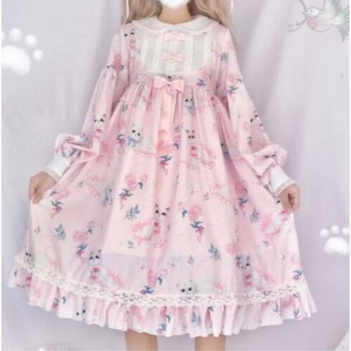 Sweet princess lolita dress vintage peter pan collar printing bowknot high waist victorian dress kawaii girl gothic lolita op