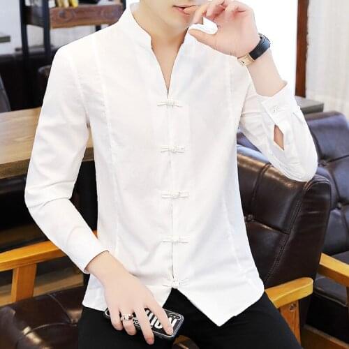 Mens Long Sleeve Vintage Chinese Style White Black Shirt Stand Collar Casual Tang Top Spring Autumn H36