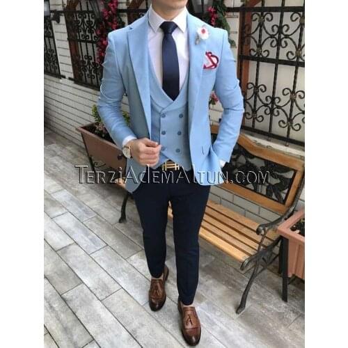 Slim Fit Men Suits Light Blue Groom Tuxedos Peak Lapel Groomsmen Wedding Best Man 3 Pieces ( Jacket+Pants+Vest+Tie ) C883