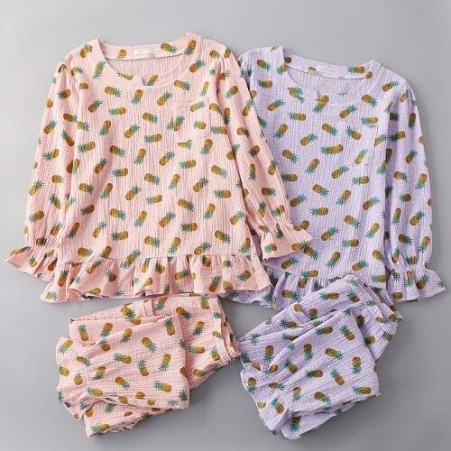 New Womens Cotton Crepe Yarn Lace Long-sleeved Trousers Home Wear Pajamas Suit Round Neck Pyjamas Women Pijamas Printing Pjs