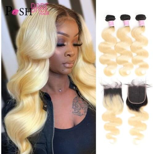 1B 613 Ombre Platinum Blonde Remy Brazilian Body Wave Bundles with 4*4 Swiss Lace Closure 8 - 32 Inch 2/3/4 Bundles and Closure