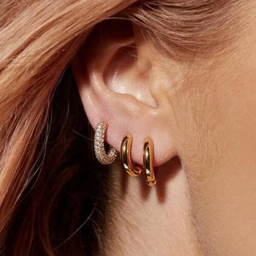 Gold Silver Color C Shape Cubic Zirconia CZ Stone Earrings Geometric Round Earrings for Women Minimalist Hoop Earrings Jewelry