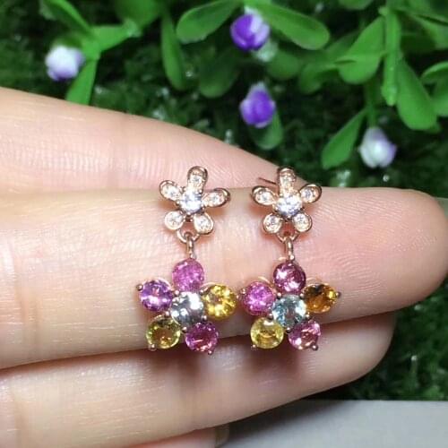 Natural Multicolor tourmaline drop earrings Natural gemstone Fashion elegant Flowers earrings S925 silver female wedding jewelry