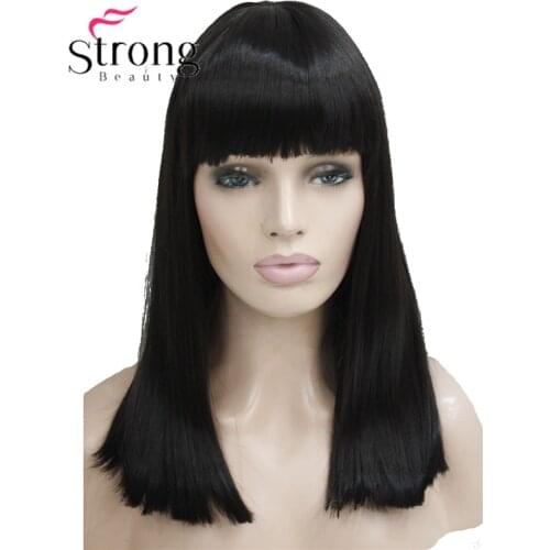 StrongBeauty Dark Brown Medium Length Heat ok Dot Skin Top Synthetic Full Wig
