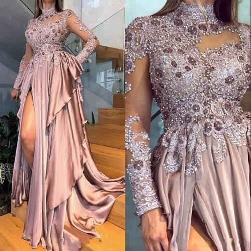 2020 Arabic Aso Ebi Beaded Appliques Lace Evening Dresses Wear Long Sleeves Sexy High Neck Dusty Pink Split Ruffles Formal Prom