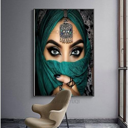 Big Eyes Green Veil Arab Woman Islamic Wall Art Girl Canvas Print Pretty Figure Painting Luxury Poster Aesthetic Bedroom Decor