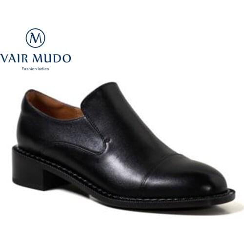 VAIR MUDO 2021 New Spring Autumn Round Toe Low Heels Loafers Genuine Leather Low Heels Black Brown Women Normal Size Pumps D150L