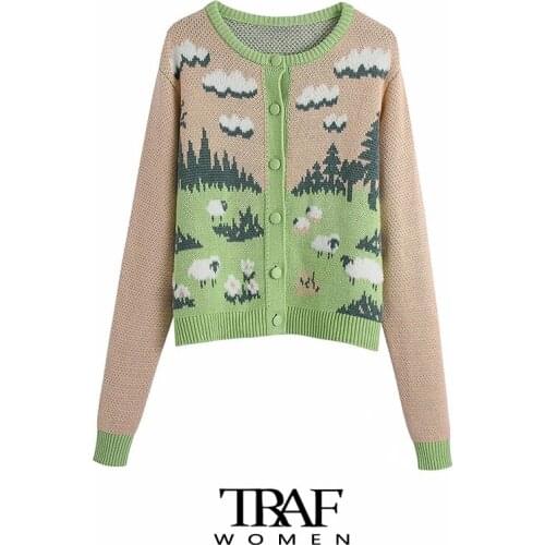 TRAF Za Women Fashion Covered Buttons Animal Knit Cardigan Sweater Vintage O Neck Long Sleeve Female Outerwear Chic Tops