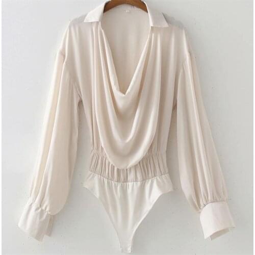 MESTTRAF Women 2021 Fashion Elastic Waist With Darts Snap-button Bodysuit Vintage Drop Collar Long Sleeve Female Playsuits