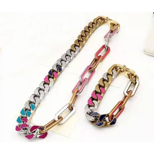 2021 Hot Brand Fashion Jewelry Set Women Thick Chain Party Light Gold Color Crystal Choker Bracelet Letter Jewelry Set