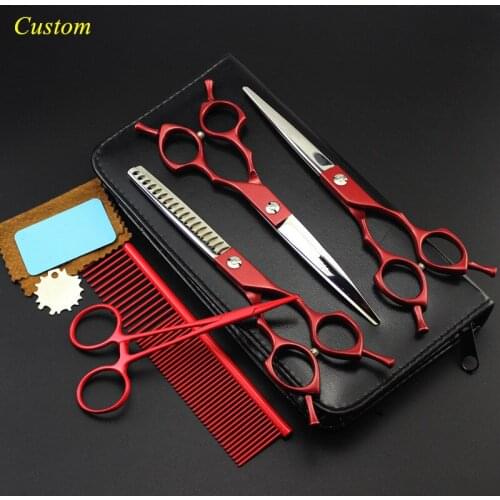 Custom 5 kit japan steel 6.5 inch red Pet dog grooming hair scissors cutting shears pet thinning barber hairdressing scissors