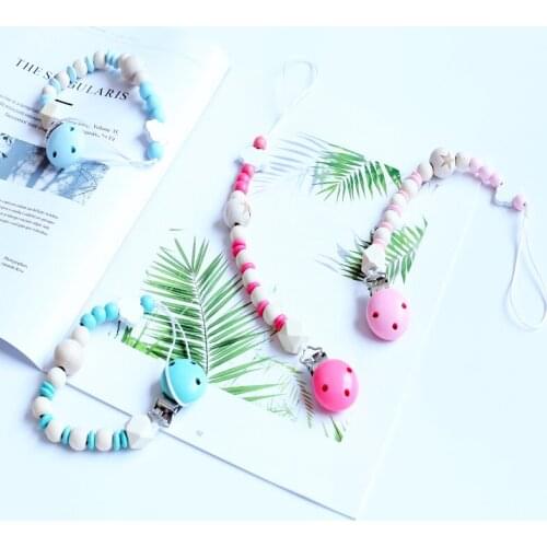 Pacifier Clip Chain Baby Infant Soothie Care Accessories Star Wooden Beads Prevent drop down Paci Holder Clips Teether Toy 078-1