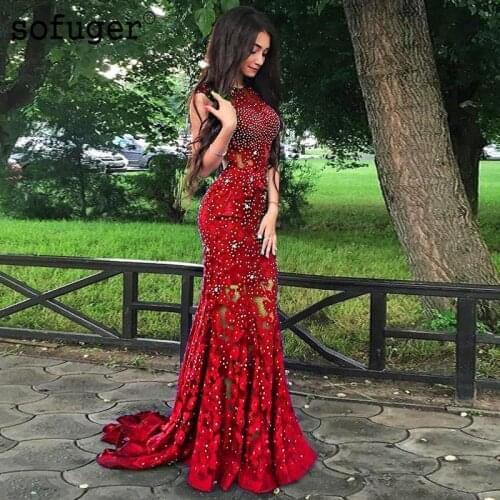 Bling Red Cryatals Lace Mermaid Evening Dresses Prom Africal Saudi Arabic Special Occasion Evening Formal Prom Party Gown