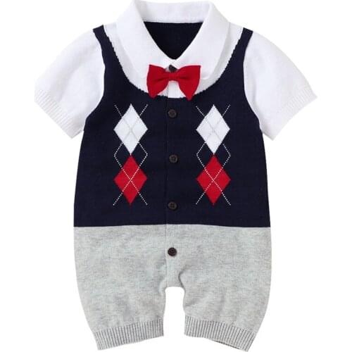 0-18M Gentleman Baby Boys Romper Cotton Short Sleeve Button-Down Design Folded Collar Patchwork Knitted Patchwork Jumpsuit