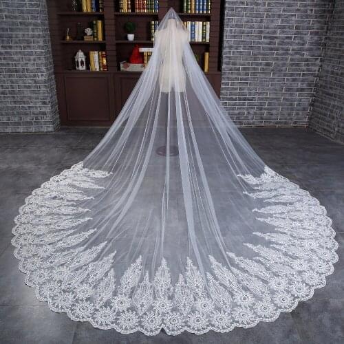 Wedding Veils Long Lace Edge Floral Crystal Beaded Applique Cathedral Bridal Veil With Comb 3.5Meters velo de novia White/Ivory