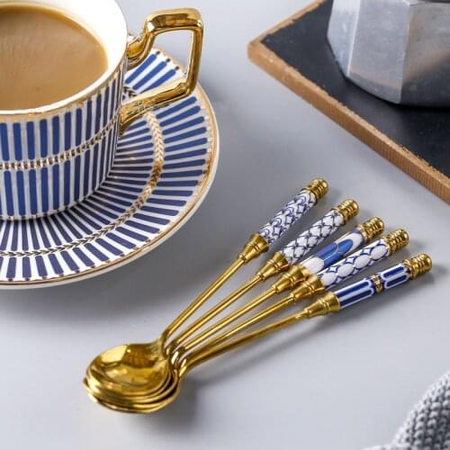 Stainless Steel Coffee Scoop Korean Creative Spoon Ceramic Dessert Ladle Long Handle Stir Spoon Customizable Dinnerware 5pcs/set