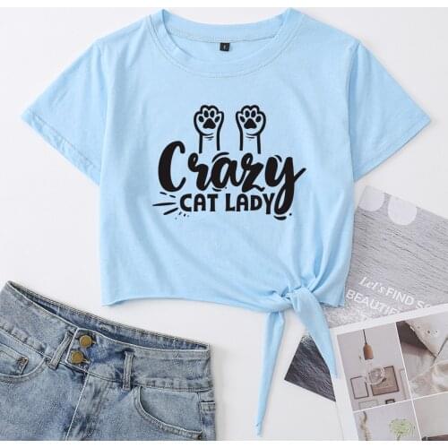 Cat Lover Mama Cats Knotted Crop Top Shirt Womens Summer Short Sleeve Cotton T-Shirt Cropped Tops Graphic Tee Front Tie Knot