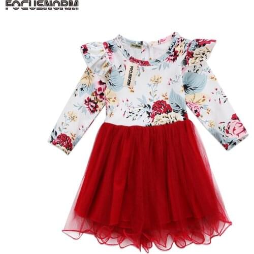 2018 Cute Princess Fashion Spring Newborn Infant Baby Girls Long Sleeve O-Neck Floral Print Bow Lace Knee-Length Tutu Dress
