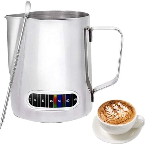 Milk Frothing Pitcher,20Oz Stainless Steel Espresso Steaming Pitcher with Thermometer,Coffee Milk Frothing Cup