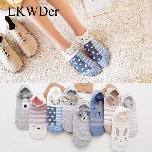 LKWDer 3 Pairs/Lot Womens Boat Socks Stereoscopic Cute Animal Female Kawaii Cat Dog Summer Cotton Short Socks Women Funny Socks
